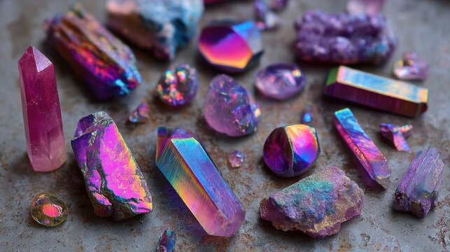 Colorful iridescent crystal and gemstone collection on rustic surface