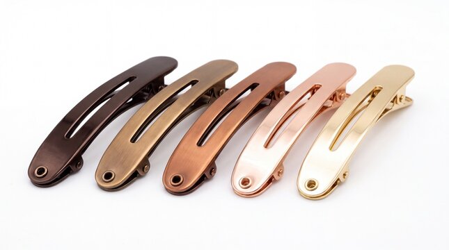 Elegant metallic hair clips in five distinct shades of gold and bronze on white background