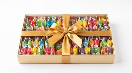 Naklejka premium Decorative golden gift box filled with vibrant assorted wrapped candies tied with silk on white background