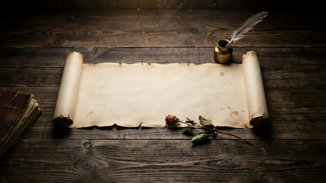 Vintage scroll of parchment paper with a quill pen in an inkwell and a dried rose on a rustic dark wooden table background