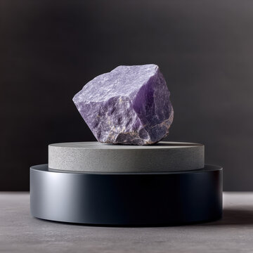 Purple flint rock sits on round concrete pedestal, minimalist style, dramatic lighting, modern interior, natural mineral display