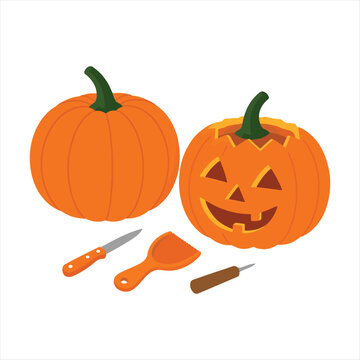 Halloween pumpkin carving with tools and carved pumpkin