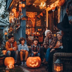 Naklejka premium Multigenerational family celebrating Halloween together on a decorated front porch.