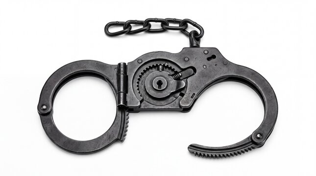 Metallic black handcuffs showing internal locking mechanism gears isolated in high contrast on white background