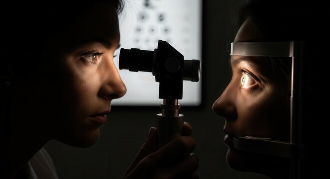 Ophthalmologist examining a patient's eye with a ophthalmoscope during an eye exam, close-up profile view.