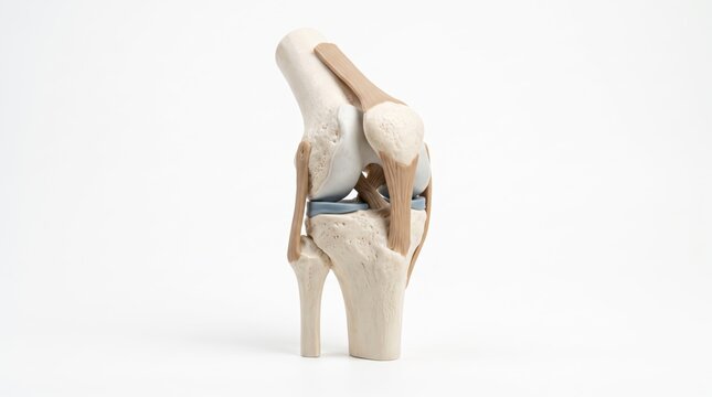 Anatomical model of a human knee joint showing bones and ligaments