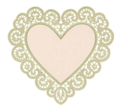 Lace heart applique with ornate cream scrollwork border