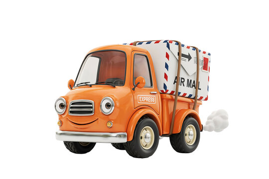 Small orange toy delivery truck with air mail parcel moving fast on white background delivery logistics shipping