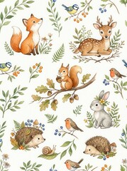 Obraz premium Seamless Watercolor Woodland Animal Pattern with Fox, Deer, Squirrel, Rabbit, and Hedgehog for Nursery Decor