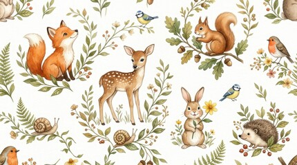 Fototapeta premium Seamless Watercolor Forest Animals Pattern with Fox Deer Squirrel Rabbit and Hedgehog for Nursery Decor