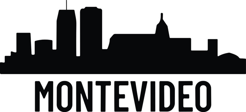 Montevideo city skyline silhouette with iconic towers and bold urban text design isolated on white