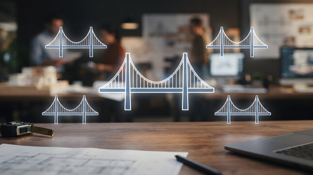 Infrastructure technology concept with modern suspension bridge engineering illustration