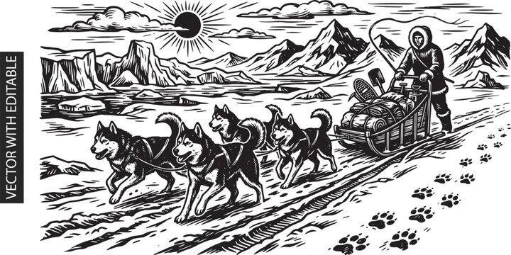 Detailed woodcut style illustration of husky dog team pulling heavy sled across arctic landscape with musher and mountain scenery for expedition art.