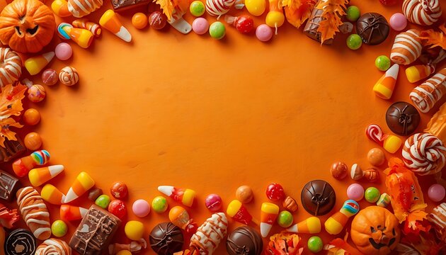 Vibrant Halloween candy and autumn leaves frame on an orange background, perfect for festive holiday designs and seasonal promotions.