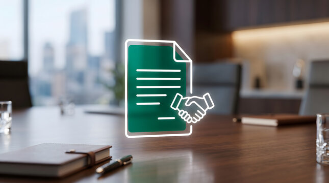 Investment agreement concept with contract document and partnership handshake symbol
