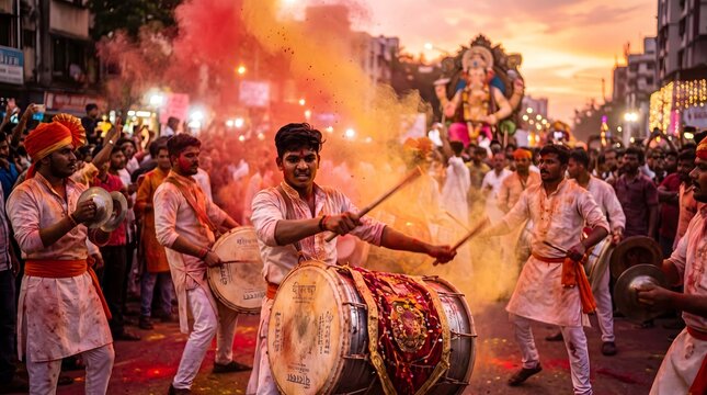 Grand Ganesh Visarjan Procession with Lord Ganesha Idol, Dhol Drummers and Colorful Celebration