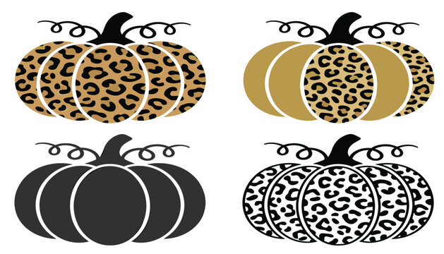Leopard print pumpkin vector illustration set with animal pattern and solid silhouettes for autumn thanksgiving sublimation design craft