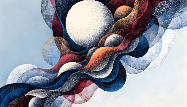 Flowing abstract wave texture with glowing sphere and stippling dots. Cosmic science and astrophysics energy concept. Colorful stippled ribbon patterns curling around celestial moon