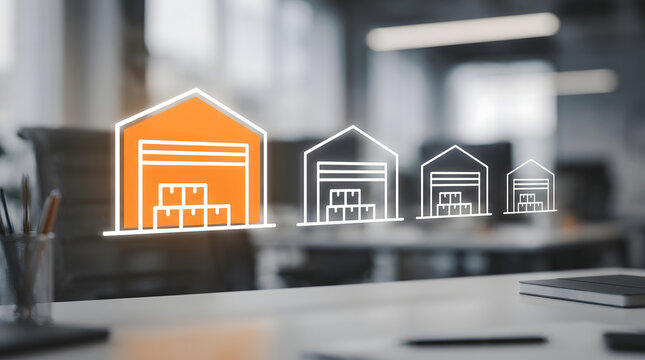 Digital warehouse network concept showing scalable storage facilities for logistics and distribution technology