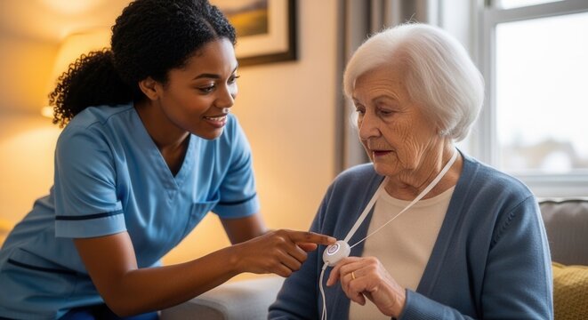 Nurse showing a senior woman how to use a medical alert pendant for emergencies and safety at home