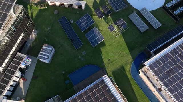 Solar Energy Technology Center with Rooftop Solar Panels, Ground-Mounted Arrays and Photovoltaic Research Systems in Florian&oacute;polis, Brazil. Aerial View.