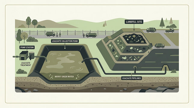 Cross-section diagram illustrating a landfill site with a leachate collection pond and treatment system