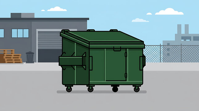 Industrial green dumpster standing on a paved outdoor lot in front of a warehouse