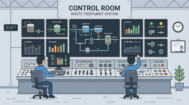 Two operators monitoring a waste treatment system from a digital control room