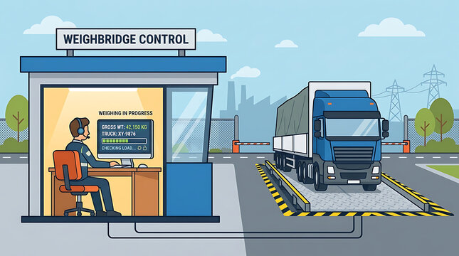 Truck on a weighbridge scale being monitored by an operator in a control booth
