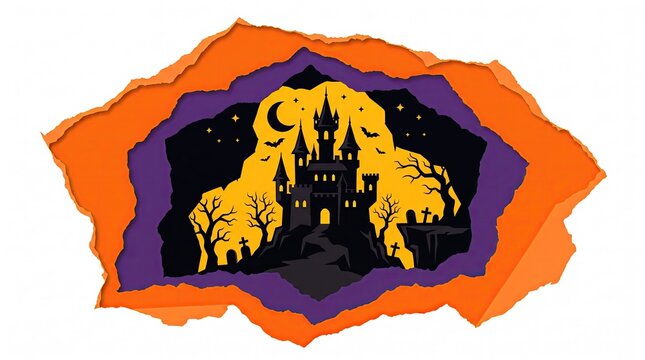 Halloween paper cut style illustration with a spooky haunted castle, bats, and a crescent moon, layered design with torn paper edges in orange and purple colors