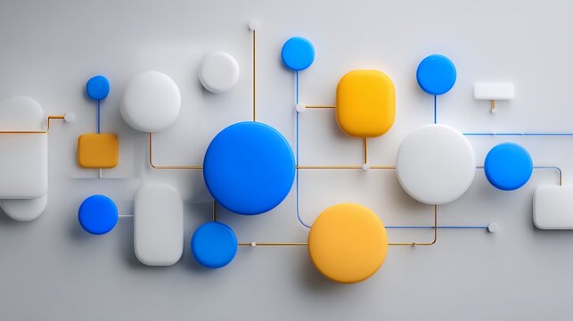 3D modern abstract flowchart diagram with connected blue and yellow geometric shapes for organizational structure and process concepts