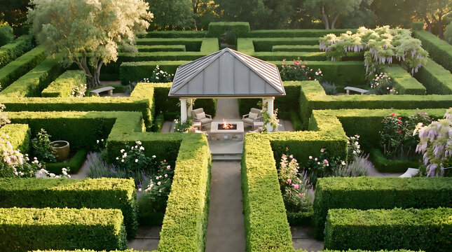 Structured formal garden hedge maze with central gazebo fire pit lounge area creating peaceful outdoor retreat designed for tranquil landscaped home backyard.