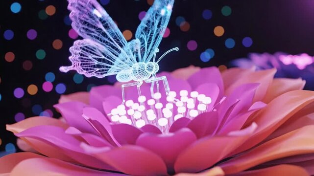 Glowing digital butterfly on vibrant pink flower with bokeh background