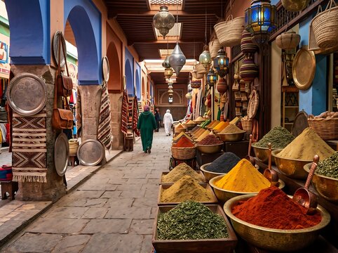 Vibrant authentic souk alley with spices and walking people