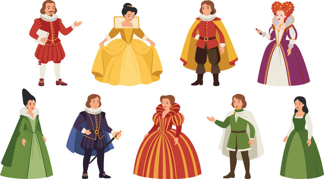 Medieval royal court fashion character set with kings queens princes princesses and noble renaissance aristocratic people