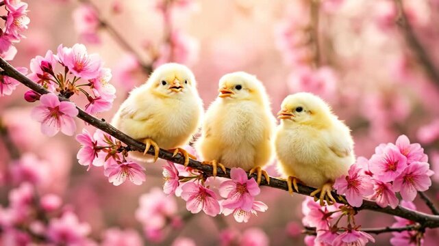 Three adorable yellow chicks perched on a branch with vibrant pink cherry blossoms.