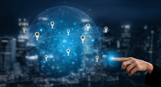 Concept of a global logistics network with location pins on a world map. This represents an international supply chain and distributed business locations for worldwide reach. Fermion