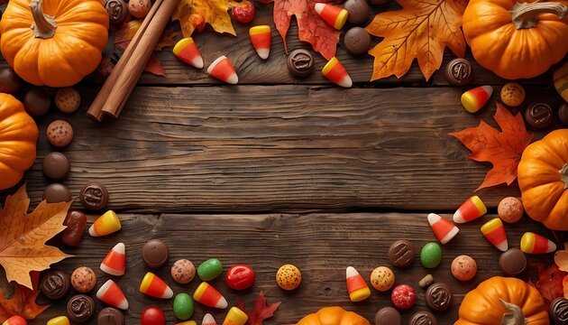Autumnal border of pumpkins, colorful candies, and fall leaves on a rustic wooden background, perfect for Halloween or Thanksgiving.