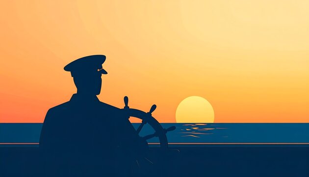 Silhouette of a professional ship captain steering a nautical vessel across the calm ocean waters during a beautiful golden sunset on the horizon