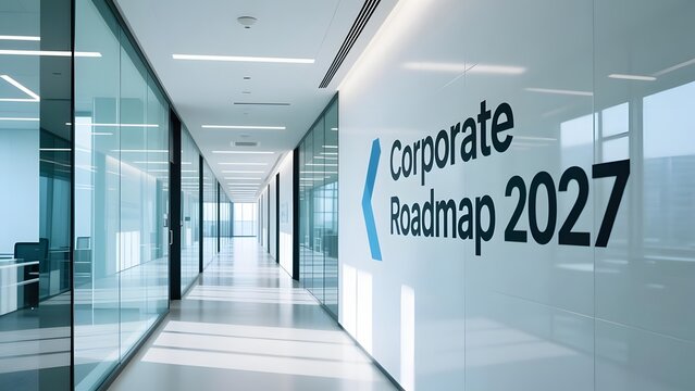 Corporate Roadmap 2027 signage on office wall, modern glass corridor interior, professional business strategy background