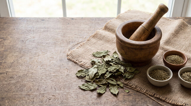 Dried leaves with wooden mortar and pestle on rustic table with bowls of ground herbs for natural cooking