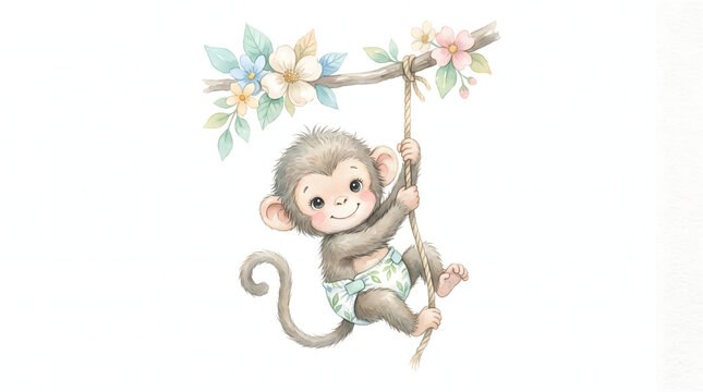 Cute baby monkey wearing a diaper hanging on a rope from a blooming floral branch in watercolor