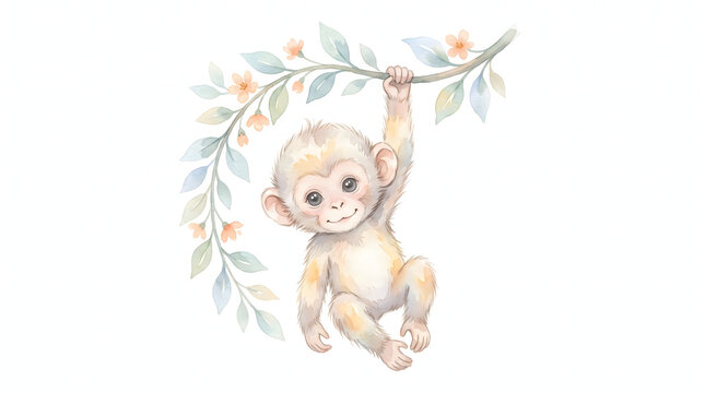 Adorable baby monkey hanging from a flowering tree branch in soft watercolor style