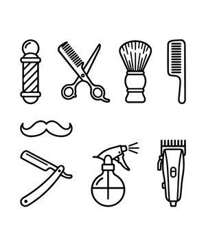 Barbershop icon set barber pole scissors razor comb mustache black vector illustration