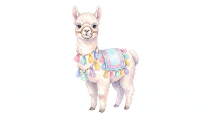 Fototapeta premium Adorable white alpaca with vibrant bohemian tassels and decorative saddle in watercolor style