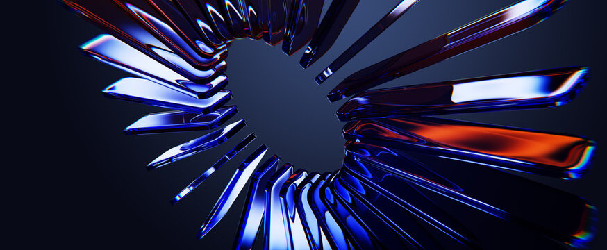 Glass lines radial pattern, circular array effect with blue red neon gradient, dispersion light on dark background. Luminous translucent stripes, abstract ring, futuristic tech banner. 3D illustration