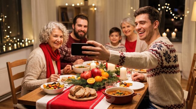 Family gathers around a festive dinner table taking a photo together during the holidays