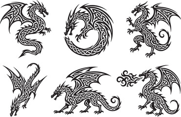 Fototapeta premium A set of dragons. Hand‑drawn vector illustration.