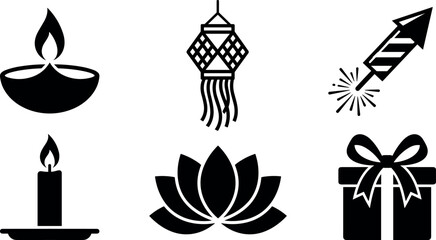 Naklejka premium Festival Icons Set with Diya Lamp, Lotus Flower, Gift Box, and Fireworks
