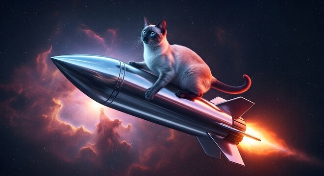 A Siamese cat riding a silver rocket through deep space in a surreal fantasy